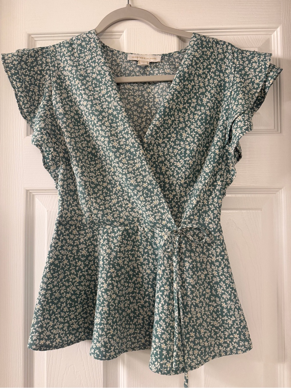Monteau Teal Green Floral Wrap Blouse with Tie size M, fits like Small